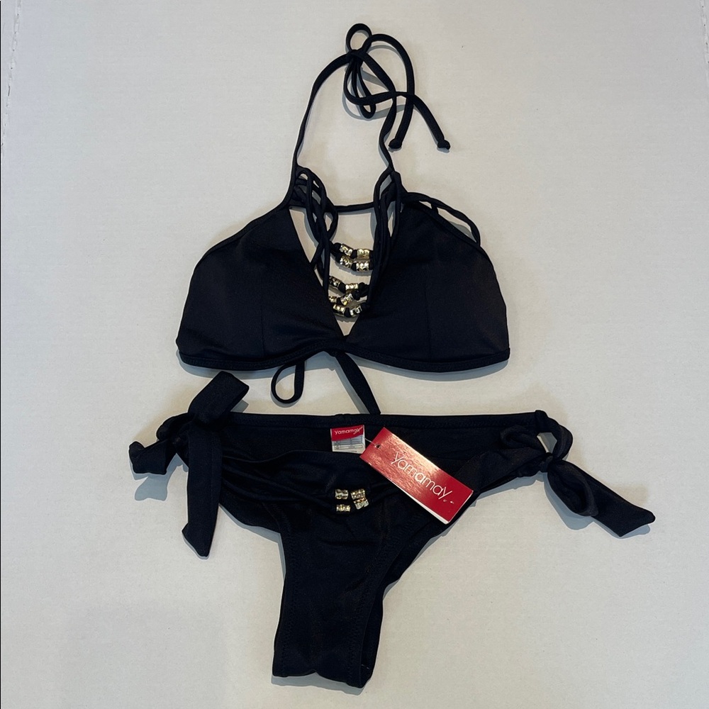 YAMAMAY Black Bikini Set with Gold Detailing NWT Size 2